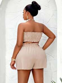 Conjunto de top tubo y shorts de unicolor para mujer talla grande - Crema - Ver 2