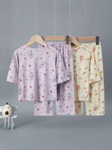 4pcs/Set Girls Lightweight 3/4 Sleeve Cartoon Print Pajama Set, Spring & Summer Top And 7/8 Pants Set