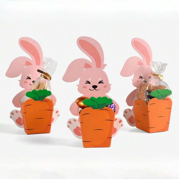 5/10pcs Easter Party Paper Boxes, Cute Cartoon Bunny Holding Carrot Boxes, Tabletop Decor, 3D Candy Boxes, DIY Foldable Colored Gift Boxes, Baking Packaging