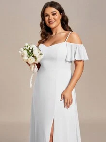 Romantisches Chiffon-Kleid mit Off-Shoulder, bodenlang, hohem Schlitz, ideal für Junggesellinnenabschied, Bridal-Shower, Hochzeit, Brautkleid, Cocktailkleid, Verlobungskleid in Große Größen