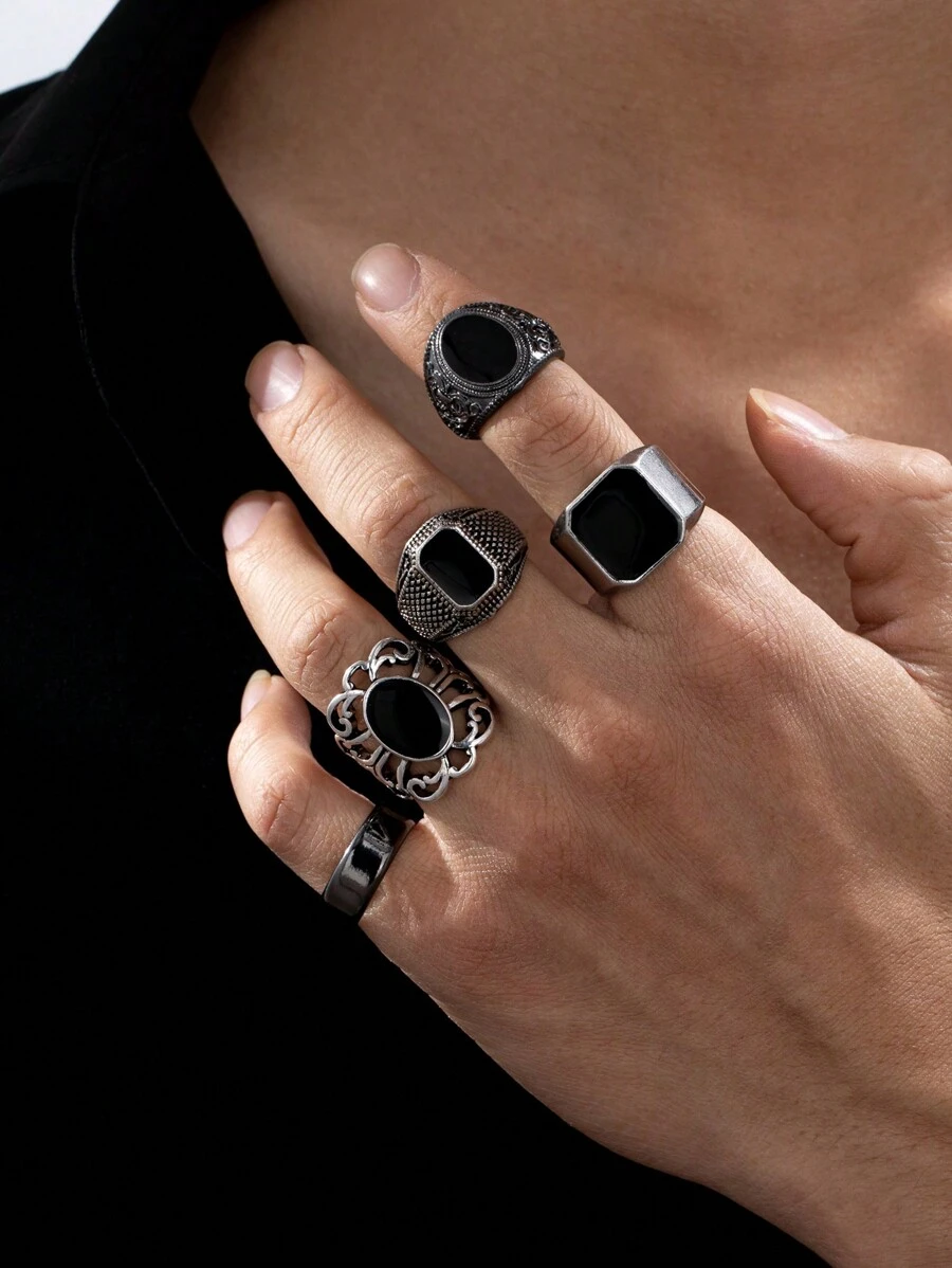 5pcs Vintage Silver Color Rings Set With Embedded Black Gemstones, Retro Elegant Hip-Hop Style, Suitable For Gifts And Daily Wear - Antique Silver - View 1