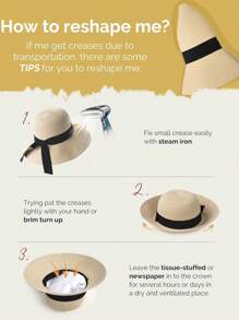 1pc Small Brim Korean Style Bow Strap Straw Hat - Straw Hat - View 11