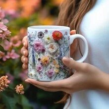 1pc 11oz 3D Flower Effect Mug Botanical Spring Floral Nature Mug Flower Lover Ceramic Coffee Cup, Double-Sided Printing, Washable Reusable Milk Cup Coffee Cup Multi-Purpose Travel Mug, Family, Colleagues, Leaders, Wives, Sisters, Ideal Fun Gifts For Men And Women