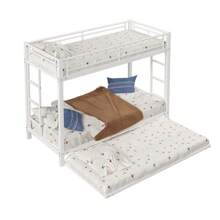LITZEE Bunk Bed 90*200 Cm, Iron Frame Bed, Children's Bed, Equipped With A Trundle Bed, High Guardrails, EN747 Certified, Robust Construction, White