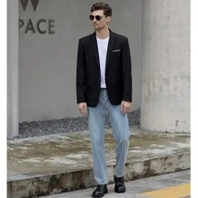Italian Suit Blazer Slim Men's Fashion Comfortable - Black - View 3