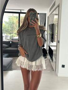 Awevudst Women Eyelash Lace Trim Short Mini Skirt High Waist Pleated Ruffle Half Slip Underskirts Layered Satin Short A-Line Skirt Beachwear Party Clubwear - trắng - Xem 6