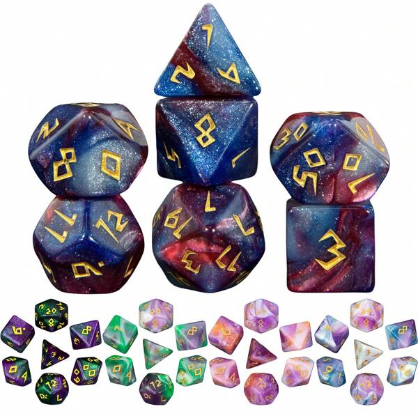 مجموعة مكونة من 7 قطع نوع D&D مكعبات متعددة الأوجه - مكعبات ألعاب ملونة بالأكريليك والغليتر لإنتاج الأحداث والترفيه في ألعاب الدور والألواح