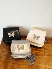 1pc High-Grade Eel Pattern Bow Chain Shoulder Crossbody Mini Saddle Bag Fashionable And Versatile Lipstick Bag Coin Purse, Chain Crossbody Bag With Butterfly Decoration, Fashionable And Versatile Square Bag Shaped Lipstick Bag, Suitable For Girls' Daily Use, Attending Parties, Sweet And Cute Shoulder Crossbody Bag - Butterfly Chain Bag - View 2