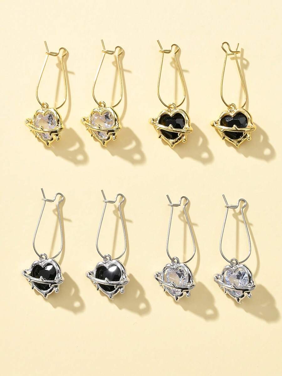 1/4 Pairs Fashionable Metal Heart Inlaid Cubic Zirconia Pendant Earrings, Luxury Rhinestone Heart Shaped Eardrop, Suitable For Women Daily, Party Wear, Valentine's Day Gift