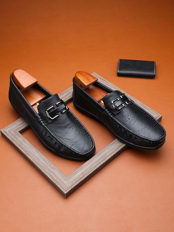 Minimalist Solid Color Low-Cut Metal Buckle Retro Style Men's Loafers Shoes, Versatile For Business, Social, Wedding, Casual, Vacation, Commute,