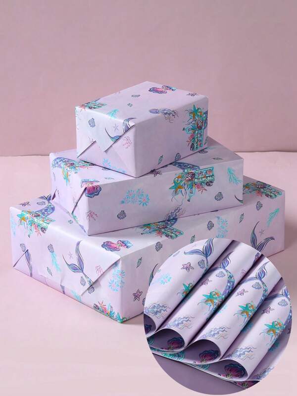 6pcs Pueple Mermaid Pattern Gift Wrapping Paper, Pueple Mermaid Theme Flower Bouquet Dust-Proof Wrapping Paper Gift Decoration, Gift Pacing Supplies, Suitable For Birthday Holiday Party Flowers, Arts & Crafts Decorations, Birthday Gift Wrapping, Party Favor Wrapping, Birthday Decoration