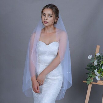 1pc Fashionable Bridal Veil, Hip Length Wedding Dress Accessory, Elegant Full Tulle Veil With Bead Embellishments, Perfect For Wedding & Photoshoots, Comes With A Comb Fall Clothes For Women