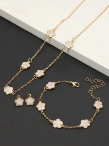 4件五叶草首饰套装女士复古风格滴油幸运花项链手链手镯耳环珠宝情人节礼物情人 - 白色 - 查看 3