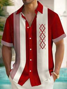 Vintage Bowling Striped Geometric Print Men's Button Pocket Shirt
