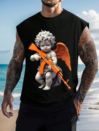 Camiseta sin mangas para hombre, top informal de moda tipo tank, camisetas básicas negras para todo el año, con gran estampado gráfico para estilo callejero, gimnasio y entrenamiento - Patrón novedoso abstracto de Cupido con pistola para el Día de San Valentín