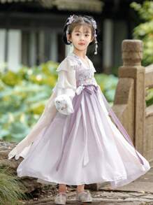 Vestido de manga larga estilo Hanfu para niñas, color lavanda, moda antigua china
