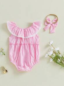 Baby Girls Rompers Plaid Lace Tassel Ruffles Elastic Collar Infant Bodysuits Jumpsuits With Headband - Pink - View 4