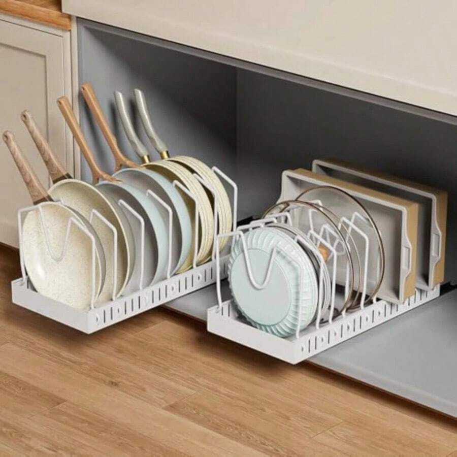 Kitchen Pull-Out Pot Rack Adjustable Cupboard Trays Dishes Partition ...