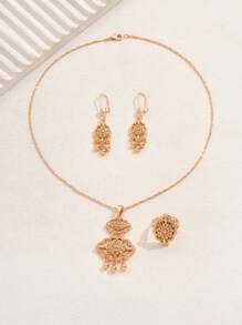 4pcs/Set Luxurious Geometric Gold Color Tassel Necklace, Earrings & Ring Jewelry Set, Suitable For Women To Wear At Parties, Festivals And Gatherings