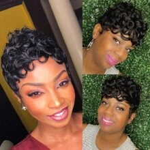 Peluca corta con corte pixie ondas sueltas y rizos elegantes para mujer, cabello humano brasileño con rizos sueltos, peluca pixie con corte completo fabricada a máquina, peluca sin pegamento de 6 pulgadas - Negro - Ver 10