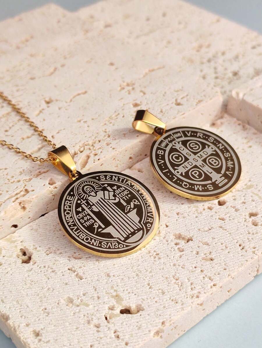 1pc Stainless Steel St. Benedict Exorcism Medal Pendant Necklace, Talisman For Protection Against Evil Spirits, Suitable For Daily Wear And Gift Giving