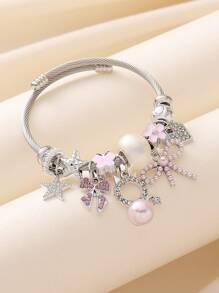1 pièce Bracelet élégant en acier inoxydable avec des strass et de faux perles, nœud papillon, convient pour les fêtes formelles, anniversaires/cadeaux pour femmes