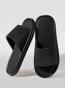 EVA 防臭罗纹拖鞋，情侣夏季户外/室内平底防滑浴室凉鞋 - 黑色 - 查看 2