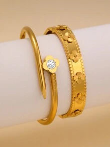 Exaggerated 4-Leaf Clover Stainless Steel Bangle Set For Women, Suitable For Multiple Occasions, Couples, Gala, Party And Gift