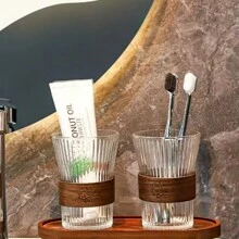 2pcs High-Quality Bamboo Wood Buckle Waist Wash Cup, Couple's Toothbrush Holder, Valentine's Day Gift - Transparent - View 3