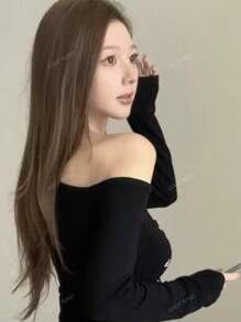 Women's Off Shoulder Letter Print T-Shirt, Slim Fit Stretchy Tee For Early Autumn