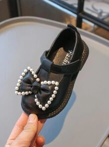 1 paio di ballerine in finta pelle con fiocco e decorazione in perle per ragazze, scarpe casual graziose da indossare all aperto, adatte per la primavera/estate - nero - Visualizzare 7