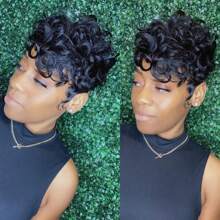 Peluca corta con corte pixie ondas sueltas y rizos elegantes para mujer, cabello humano brasileño con rizos sueltos, peluca pixie con corte completo fabricada a máquina, peluca sin pegamento de 6 pulgadas - Negro - Ver 9