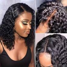 200 Density 16 Inch Curly Short Bob Lace Front Human Hair Wigs For Women Depp Wave 13x4 HD Transparent Brazilian Lace Frontal Wig Closure Swiss Lace Wig Water Wave Pre Plucked,99J,4/27,613,27#,4# - Natural Black - 查看 4