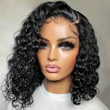 200 Density 16 Inch Curly Short Bob Lace Front Human Hair Wigs For Women Depp Wave 13x4 HD Transparent Brazilian Lace Frontal Wig Closure Swiss Lace Wig Water Wave Pre Plucked,99J,4/27,613,27#,4# - Natural Black - 查看 8