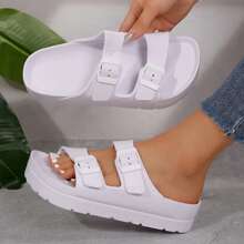 Women's Comfort  Stylish Solid Color Sandals Double Adjustable Buckle Bands Lightweight Beach Slides - 白色 - 查看 4