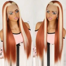 Blonde Highlights Long Straight Hair Synthetic Lace Front Wig Glueless Colored Skunk Stripe Ginger Orange Mixed Color 13x4 Free Part Lace Front Replacement Wigs For Women Girls Party Daily Wear Pre Plucked With Baby Hair Natural Hairline 26 Inches 180% Density - 拼色 - 查看 2
