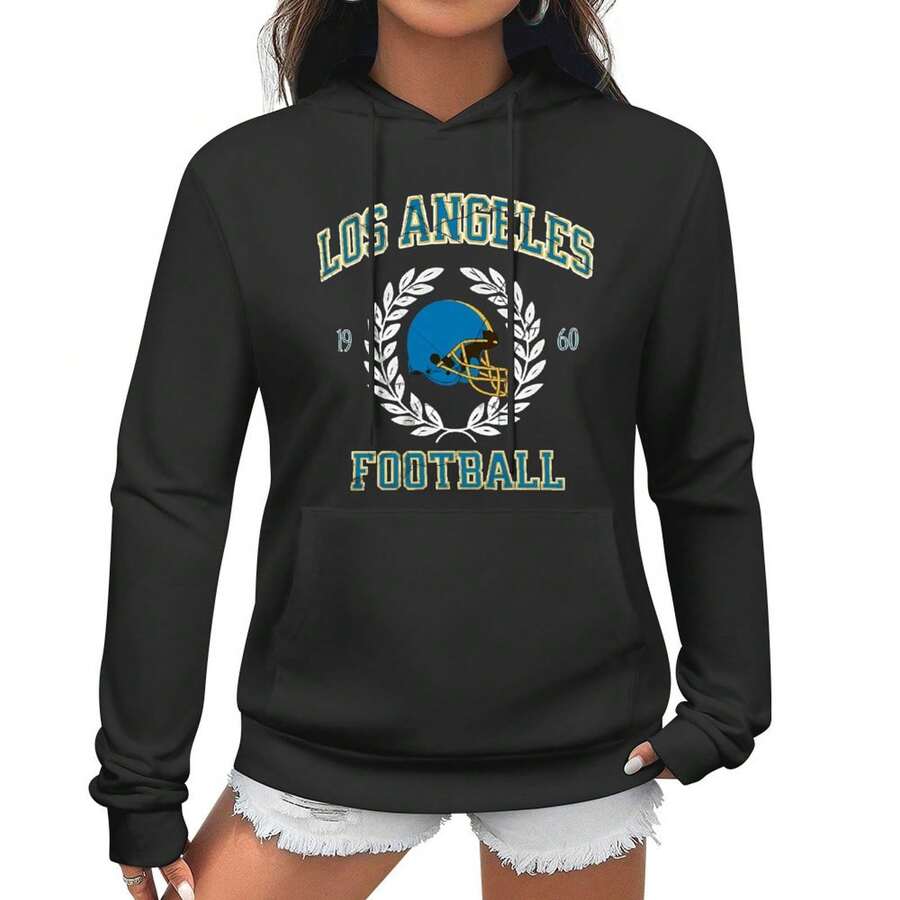 Los Angeles C Football 2, Women's Loose Hoodie, Long Sleeve Kangaroo Pocket Pullover Women Sweatshirt Clothing, Comfy For All Season Wear, Suitable As A Gift - Black - View 1