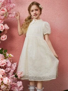 ASK JUNIOR Tween Girl Jacquard Short Puff Sleeve Cute Princess Dress - Beige - View 2