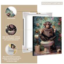 1pc, Canvas Hanging Picture, Framed Decorative Painting, Poster, Wall Art, Animals, Charming Monkey Reading Newspaper On Toilet - Canvas Wall Painting, Perfect For Modern Living Room, Bedroom, Bathroom Decoration And Gift, Art Deco Style, Modern Style, Minimalist Style, Animal Theme, Autumn, Spring Gifts Birthday Graduation
