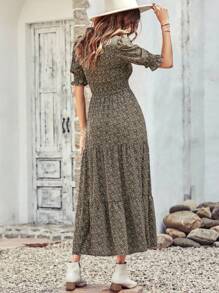 Women Casual Summer Crew Neck Ruffle Short Sleeve Floral Print Polka Dots Smocked Dress Button Keyhole Back Spring Boho Bohemia Tropical Flowy Beach Holiday Vacation Valentine Long Maxi Dress - 綠色 - 查看 2