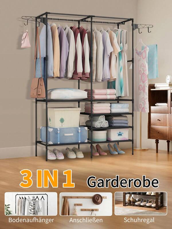 3-in-1-Kleiderbügel (mit 2 Ablagen), Kleiderbügel (mit Schuhablage), hängender Kleiderbügel, Metallgarderobe mit Ablagen, freistehende Garderobe, Garderobe zum Aufhängen von Kleidung, freistehender Kleiderständer zum Aufhängen Kleidergarderobe Kleiderstange aus Metall, platzsparende Halterung für Schlafzimmer, Flur, Eingangsbereich