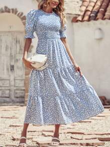 Women Casual Summer Crew Neck Ruffle Short Sleeve Floral Print Polka Dots Smocked Dress Button Keyhole Back Spring Boho Bohemia Tropical Flowy Beach Holiday Vacation Valentine Long Maxi Dress - 淺藍色波點 - 查看 1
