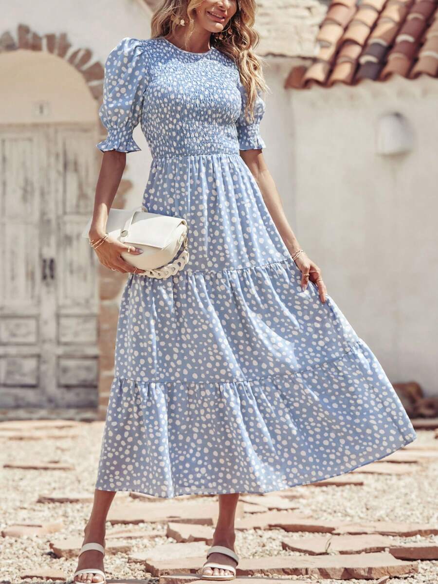 Women Casual Summer Crew Neck Ruffle Short Sleeve Floral Print Polka Dots Smocked Dress Button Keyhole Back Spring Boho Bohemia Tropical Flowy Beach Holiday Vacation Valentine Long Maxi Dress - 淺藍色波點 - 查看 1