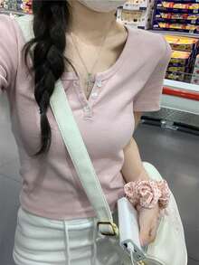 夏季韩版优雅纽扣设计简约休闲短袖T恤女 - 粉色 - 查看 4