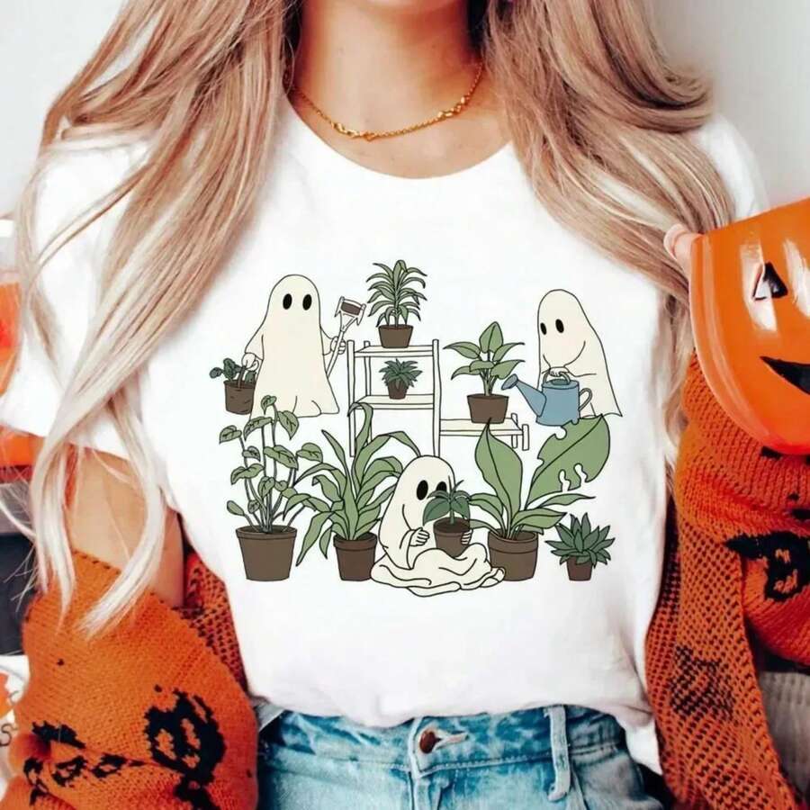 Printed Pattern Fashionable Halloween Ghost Plant Lady Spooky Gardener Fun Summer O-Neck T-Shirt Women's Casual Style T-Shirt