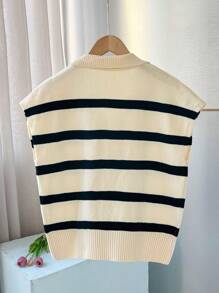 FOR BEAUTY Spring/Summer New Retro Striped Contrast Color Lapel Sleeveless Knit Vest Top, Loose Casual Pullover Sweater, Suitable For Work Commute, Outing, Holiday, Date, Graduation Ceremony - Apricot - View 3