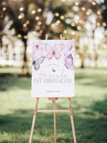 1pc- Custom Name Frameless Poster - Pink Butterfly Birthday Welcome Poster, Birthday Welcome Sign Printed Canvas Poster, Personalized Drawing Board, Outdoor Poster - Custom Date Poster, Butterfly 1st Birthday Welcome Sign