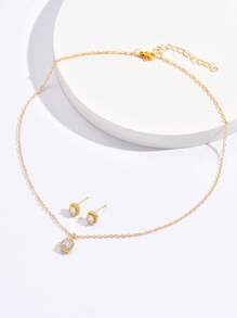 S0300 1 Bộ trang sức nữ bao gồm 1 mặt dây chuyền Cubic Zirconia lấp lánh và 2 bông tai, quà tặng tiệc và đính hôn - Vàng - Xem 3
