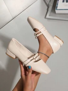 OMS Apricot Flat Loafers For Women, 2024 Spring/Autumn Fashion Sexy Square Toe Mary Jane Shoes With Contrast Strap, Thick Heels, Casual Commute Shoes