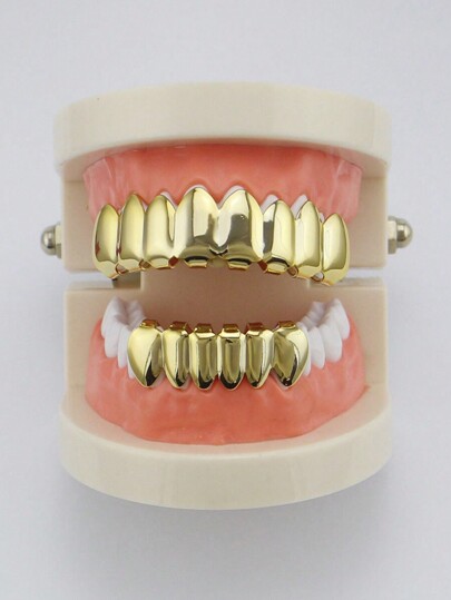 Grillz 8 Dentes Banhado A Ouro Parte Superior + Inferior Hip-Hop